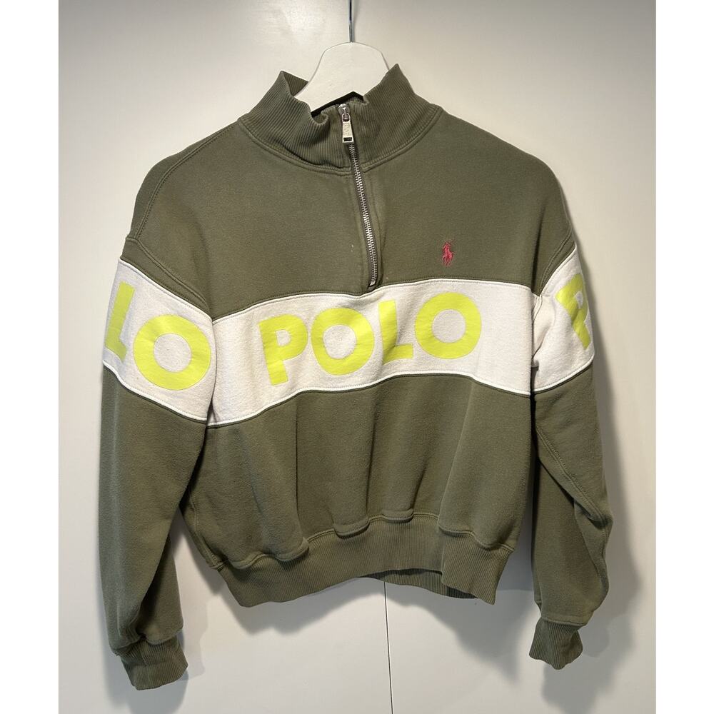 Polo Ralph Lauren Women's 1/4 Zip Cropped Sweatshirt Olive Green Yellow Logo Med